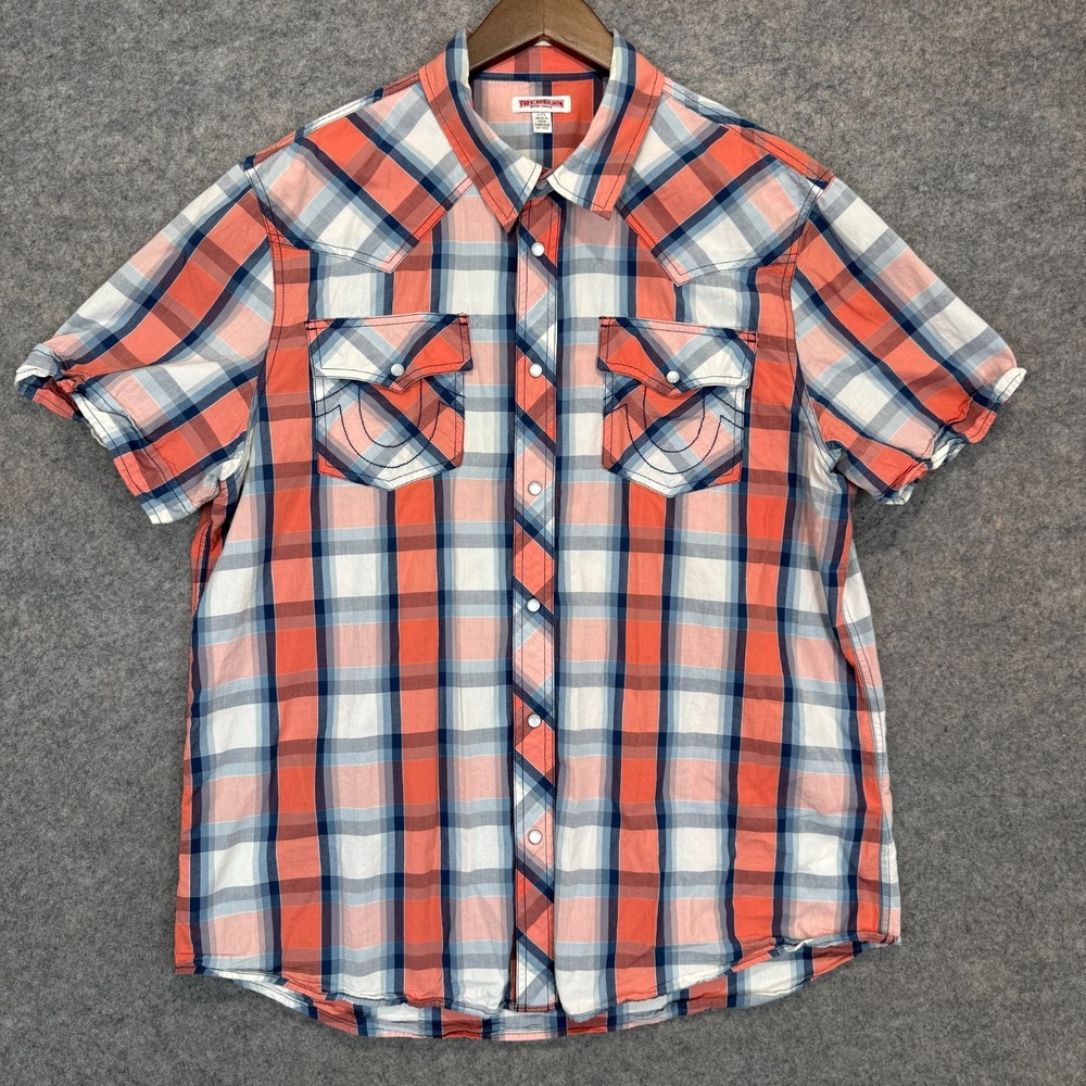 Vintage True Religion Western Pearl Snap Shirt Mens XL Orange Blue Flap Plaid